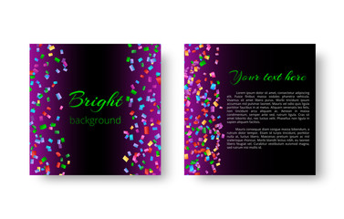 Christmas card design with bright colored confetti falling on a lilac background