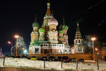 St. Basil's Cathedral in winter, Russia, Moscow/A view of famous St. Basil's Cathedral near red Square and Kremlin. Filmed at night, late at night, before Christmas