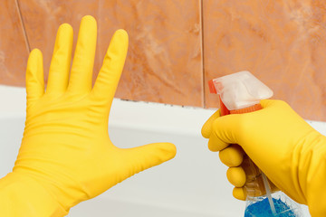 Hand showing stop mold in bathroom, the other hand holding a spray tool.