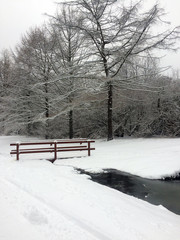 Winter lonely wooden bridge over forest river