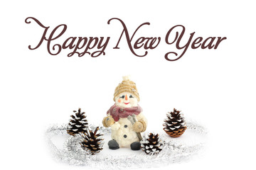 Fototapeta na wymiar Happy Christmas snowman surrounded by pine cones. Pine cones. Christmas decorations. Christmas. New Year. New Year card. Card