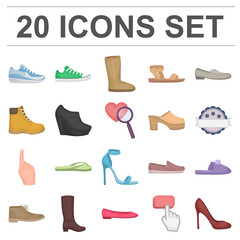 A variety of shoes cartoon icons in set collection for design. Boot, sneakers vector symbol stock web illustration.