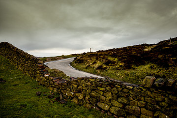 Drystone Wall And Road, The Roaches, Peak District National Park, Derbyshire, UK