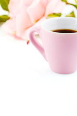 Valentines day background with pink cup of coffee. Copy space