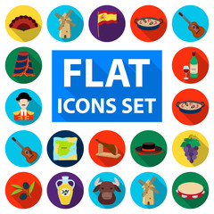 Spain country flat icons in set collection for design.Travel and attractions vector symbol stock web illustration.