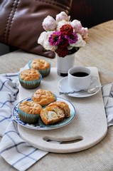 Homemade snack cakes stuffed with ham, cheese and quail eggs. Morning breakfast in bed
