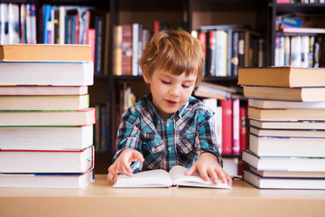 Fototapeta na wymiar preschooler little boy reading a book in the library. the little boy with books near a bookcase 