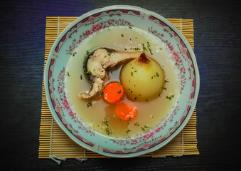 Ukha is a fish soup with onions and carrots, and buckwheat.