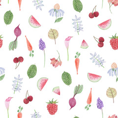 Seamless pattern: flower, leaves, vegetables and fruits. Watercolor Baby Girl collection. 