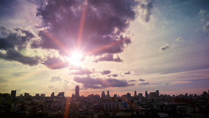 Aerial view of dramatic sunset and sunrise / pastel sky in Bangkok
