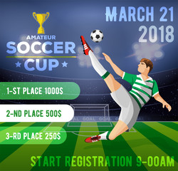 Soccer poster with a soccer player on a background of a field with an inscription amateur football cup. Vector illustration.