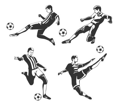 Vector set of monochrome football players isolated on white background.