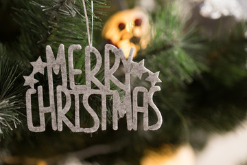 Xmas sign toy on green christmas tree background with bokeh light