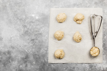 Ingredients for baking of cookies - flour, eggs, spices, vanilla, butter, sugar. Top view, copy space. Food background