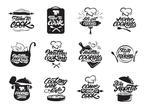 Cooking logos set. Healthy cooking. Bon appetit. Cooking idea.  Cook, chef, kitchen utensils icon or logo. Handwritten lettering vector illustration