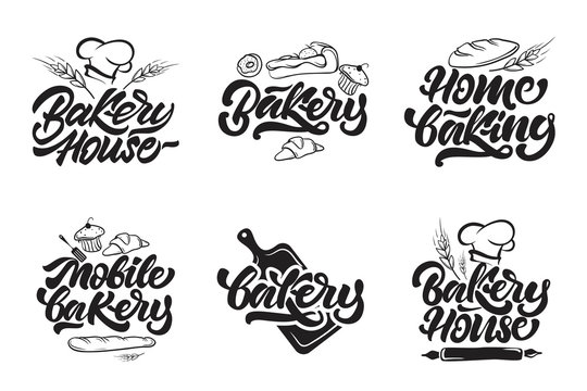 Bakery logotypes. Bakery house, home baking, mobile bakery logos in lettering style. Vector illustration.