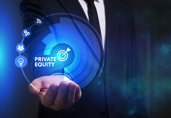 Business, Technology, Internet and network concept. Young businessman working on a virtual screen of the future and sees the inscription: Private equity