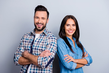 He vs She portrait of caucasian, hispanic couple in shirts - man with bristle and pretty, charming...