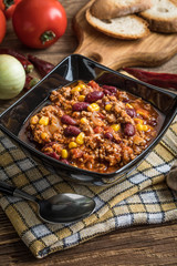 Chili con carne in a bowl.