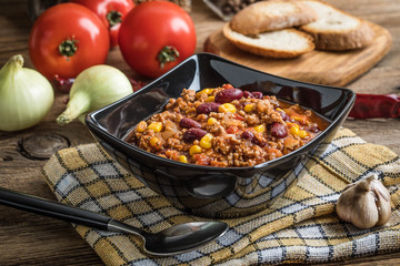 Chili con carne in a bowl.