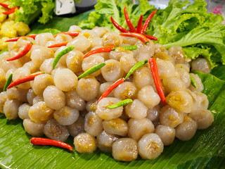 Tapioca dumpling sago balls pork or Saku Sai Moo on banana leaf