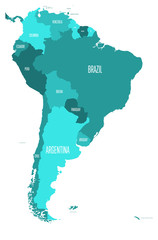 Political map of South America. Simple flat vector map with country name labels in four shades of turquoise blue.