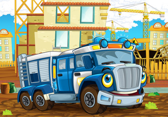 happy and funny cartoon police truck looking and smiling driving through the city or construction site - illustration for children