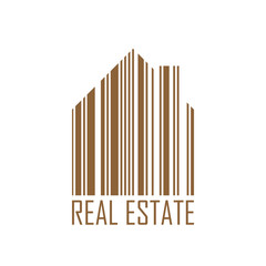 Symbol of house with barcode design and real estate label. Mortgage market and service or wooden construction theme. Brown vector illustration.