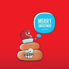 vector funny cartoon cool cute brown smiling poo icon with santa red hat and speech bubble isolated on christmas red background. funky christmas character.