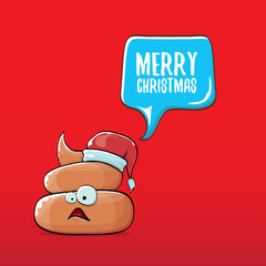 vector funny cartoon cool cute brown smiling poo icon with santa red hat and speech bubble isolated on christmas red background. funky christmas character.