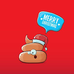 vector funny cartoon cool cute brown smiling poo icon with santa red hat and speech bubble isolated on christmas red background. funky christmas character.