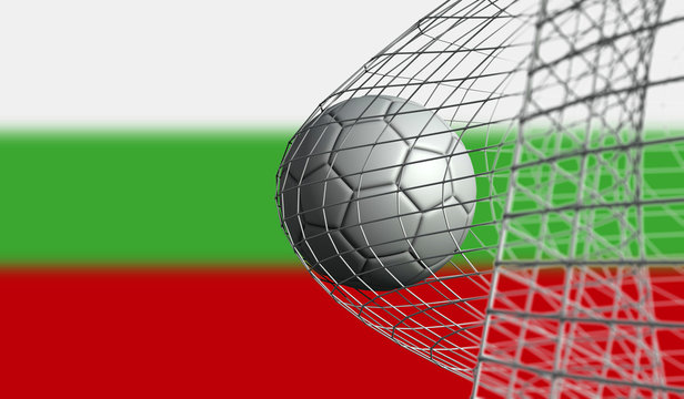 Soccer ball scores a goal in a net against Bulgaria flag. 3D Rendering