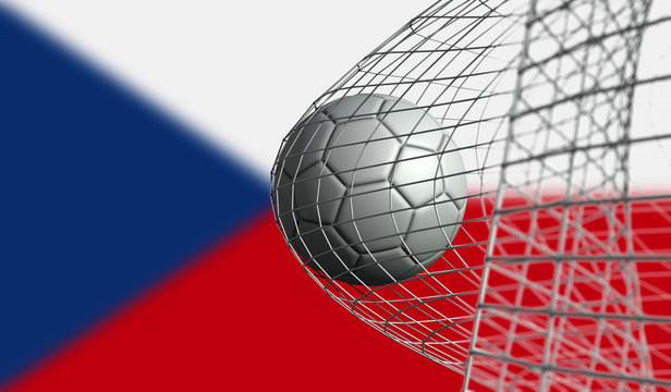 Soccer ball scores a goal in a net against Czech Republic flag. 3D Rendering