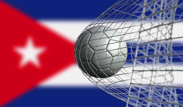 Soccer ball scores a goal in a net against Cuba flag. 3D Rendering