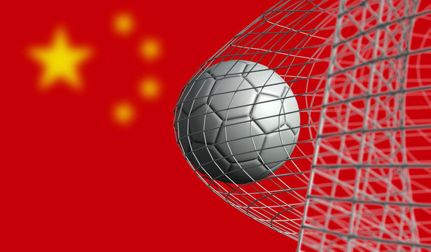 Soccer ball scores a goal in a net against China flag. 3D Rendering