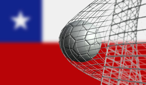 Soccer ball scores a goal in a net against Chile flag. 3D Rendering