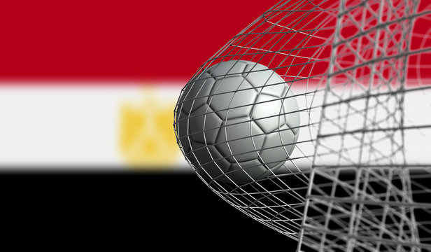 Soccer ball scores a goal in a net against Egypt flag. 3D Rendering