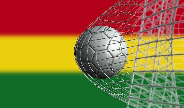 Soccer ball scores a goal in a net against Bolivia flag. 3D Rendering