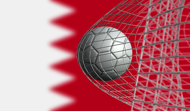 Soccer ball scores a goal in a net against Bahrain flag. 3D Rendering