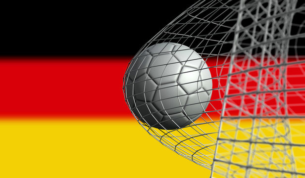 Soccer ball scores a goal in a net against Germany flag. 3D Rendering