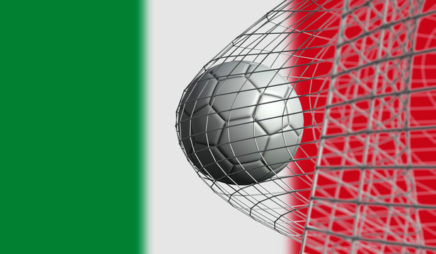 Soccer ball scores a goal in a net against Italy flag. 3D Rendering