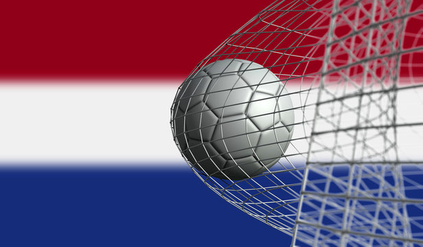 Soccer ball scores a goal in a net against Netherlands flag. 3D Rendering