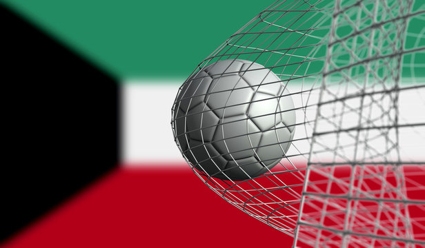 Soccer ball scores a goal in a net against Kuwait flag. 3D Rendering