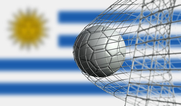 Soccer ball scores a goal in a net against Uruguay flag. 3D Rendering