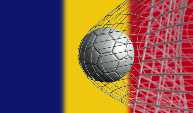 Soccer ball scores a goal in a net against Romania flag. 3D Rendering