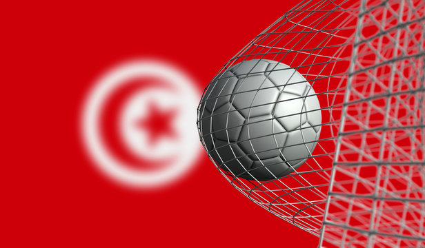 Soccer ball scores a goal in a net against Tunisia flag. 3D Rendering