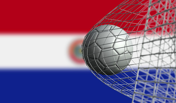 Soccer ball scores a goal in a net against Paraguay flag. 3D Rendering