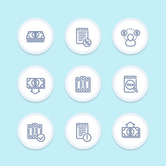Bookkeeping icons in linear style, accounting, tax, payroll, outlay, costs