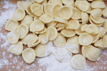 Fototapeta na wymiar Fresh orecchiette. Italian traditional pasta on wooden table with flour