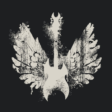 Vector illustration with an electric guitar and wings with splashes and curls on black background in grunge style